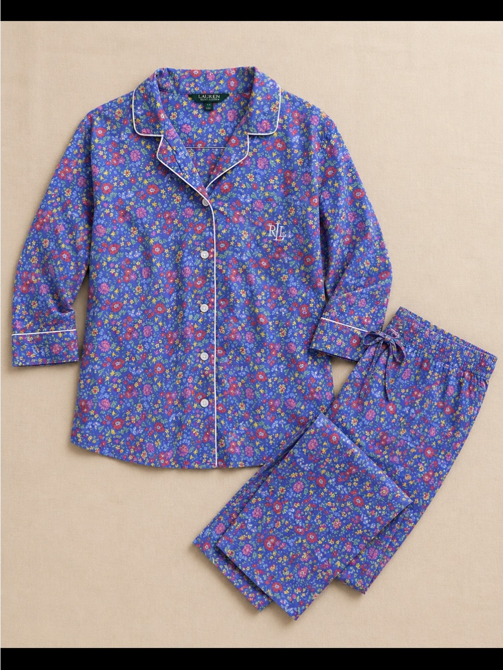 Lauren Ralph Lauren Floral Pajama Set Large Purple Cotton Button Front Sleepwear